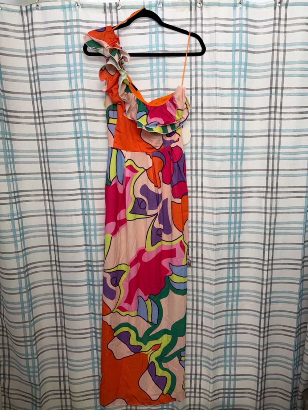 One-Shoulder Ruffle Maxi Dress in Multicolor Print
